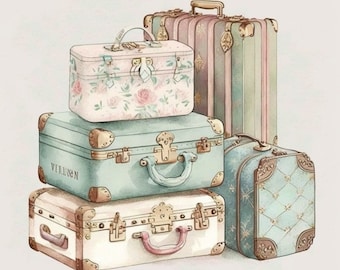 Watercolor Antique Designer Suitcases Clipart PNG Set 4 Clipart Elements Invitations instant download commercial use - 010