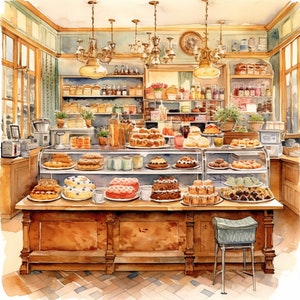 Vintage francés panadería café acuarela Clip Art 4 alta calidad JPG tarjeta de descarga digital haciendo medios mixtos papel digital artesanía - 779