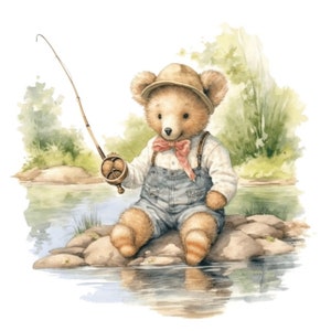 Teddy Bear Fishing Father&#39;s Day Watercolor Clipart 4 High Quality PNG Transparent Background Digital Download Card Making Crafts 386