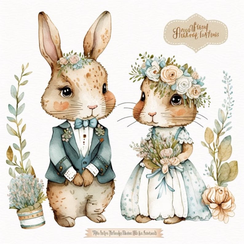 May include: Watercolor illustration of a bunny couple dressed in wedding attire. The groom bunny wears a blue suit with a bow tie and the bride bunny wears a white dress with a floral crown and a bouquet of flowers. The text "wedding bunny love" is written in a decorative font.