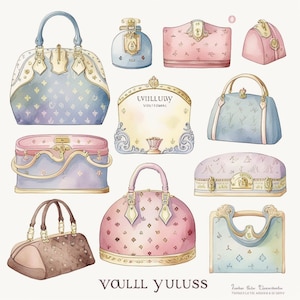 May include: A watercolor illustration of various handbags and purses in different colors and styles. The handbags are decorated with patterns and have gold accents. The illustration includes the text "UVILLUNY VOLTTOMIAL" and "VOULLL YULUSS".