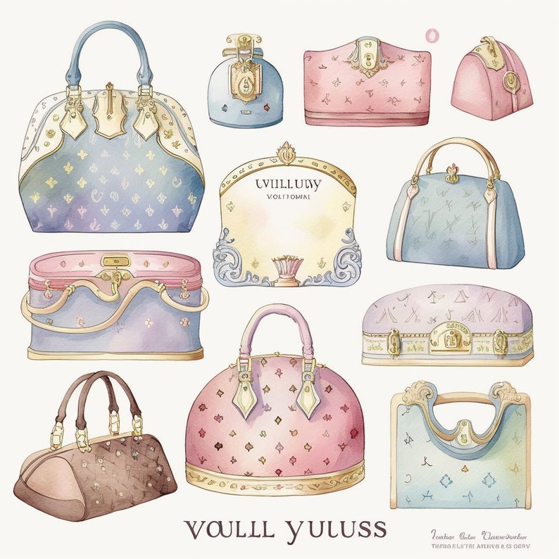 May include: A watercolor illustration of various handbags and purses in different colors and styles. The handbags are decorated with patterns and have gold accents. The illustration includes the text "UVILLUNY VOLTTOMIAL" and "VOULLL YULUSS".