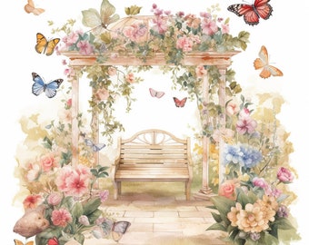 Summer Butterfly Garden Clipart, 8 High Quality JPG Watercolor Art, Digital Download, Card Making, Mixed Media, Digital Paper Craft - 038
