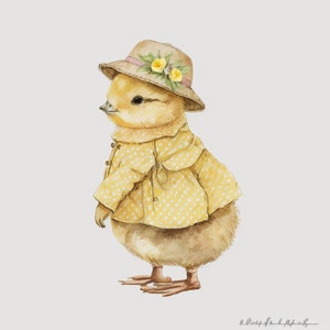 May include: A yellow chick wearing a brown and yellow polka dot raincoat and a straw hat with yellow flowers.