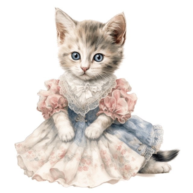 Vintage Kitty Cat Watercolor Clip Art 4 PNG Mix Media Card - Etsy