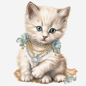 Lindo gatito con imágenes prediseñadas de joyería 8 alta calidad JPG acuarela arte descarga Digital tarjeta que hace arte de papel Digital de técnica mixta - 082