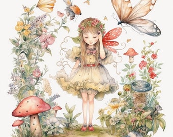 May include: A watercolor painting of a fairy with a yellow dress, red wings, and a flower crown. She is standing in a field of flowers and mushrooms. A butterfly is flying above her.