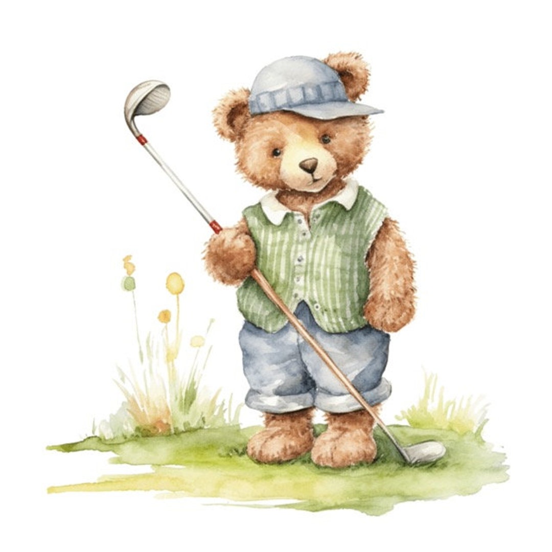 Teddy Bear Playing Golf Fathers Day Watercolor Clip Art 4 High