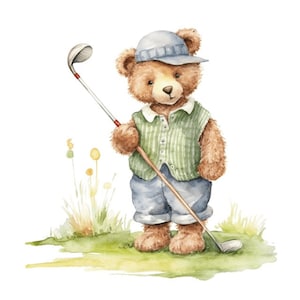 Oso de peluche jugando Golf día del padre acuarela Clip Art 4 formato PNG de alta calidad descarga instantánea uso comercial - 292