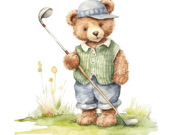 Teddy Bear Playing Golf Fathers Day Watercolor Clip Art 4 High Quality PNG Format Instant Download Commercial Use - 292