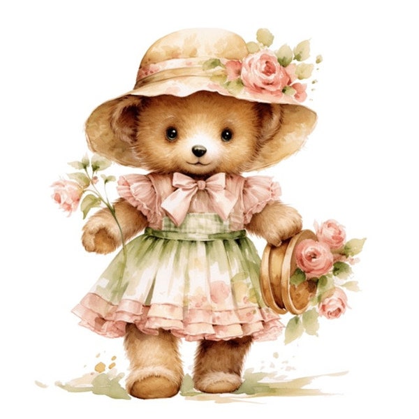 Teddy Bear Vintage Summer Watercolor Clipart 4 PNG Card Making Paper Crafts Collage Junk Journal Scrapbooking Invitations Mix Media - 568