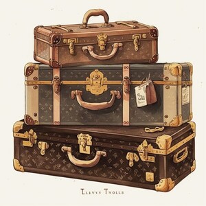 May include: Three vintage suitcases stacked on top of each other. The top suitcase is brown with gold accents, the middle suitcase is brown and black with gold accents, and the bottom suitcase is brown with gold accents. The suitcases have a monogram pattern and are decorated with brass hardware.