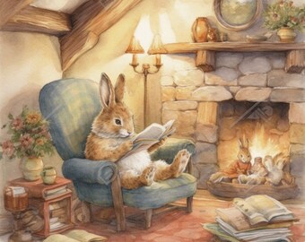 Easter Watercolor Rabbit Fireplace Mantel Scarf Table Runner, Winter Garlan Spring Bunny Wall Art \u2013 Floral Rabbit Print \u2013 Colorful Spring Décor \u2013  Framed Easter or Nursery Gift