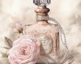 Antique Perfume Bottles with Pearls and Flowers Watercolor Clip Art 4 JPG Card Making Mixed Media Paper Craft Collage Junk Journal - 595