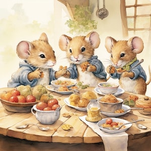 Mice Lunch Party Watercolor Clip Art 4 JPG Mix Media Card Making Invitations Collage Junk Journal Digital Paper Craft Scrapbooking - 647