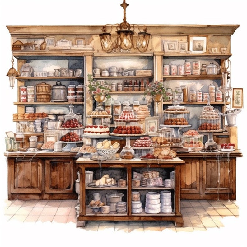 May include: A watercolor painting of a bakery interior with shelves stocked with jars of preserves, pastries, and other treats. The bakery counter is filled with cakes, cookies, and other baked goods. The scene is decorated with a chandelier and other vintage details.