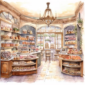 May include: A watercolor illustration of a bakery interior with shelves stocked with pastries, cakes, and jars of preserves. The bakery has a rustic charm with wooden shelves and a tiled floor. There are tables and chairs for customers to enjoy their treats.