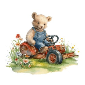 Teddy Bear Riding a Lawn Mower Watercolor Clip Art Sublimation Graphics 4 High Quality PNG Mix Media Card Making Commercial Use - 503
