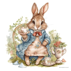 Bunny Rabbit Tea Time Watercolor Clip Art 4 High Quality PNG Format Instant Download Commercial Use - 285