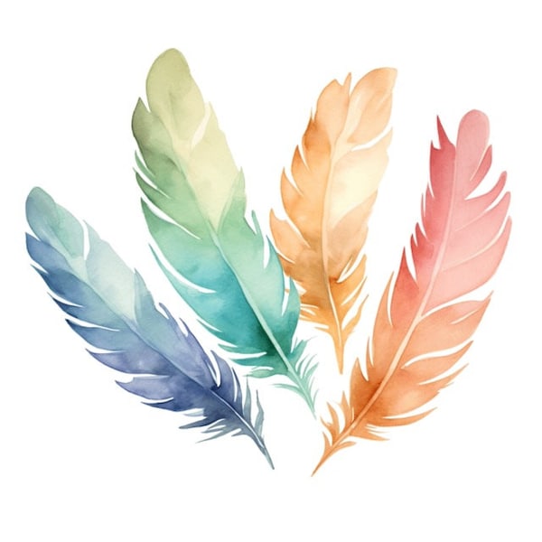 Color Feathers Watercolor Clip Art 4 High Quality PNG Format Instant Download Commercial Use - 488