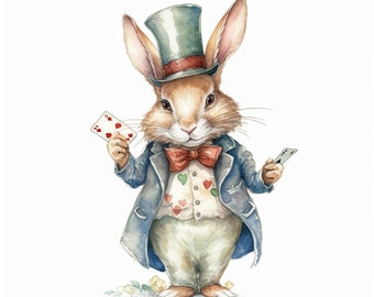 Bunny Rabbit Alice in Wonderland Clipart 8 High Quality JPG Watercolor Art Digital Download Card Making Mixed Media Digital Paper Craft- 076