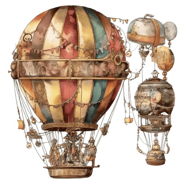 Hot Air Balloon Steampunk Watercolor Clip Art 4 High Quality PNG Format Instant Download Commercial Use - 282