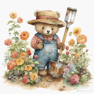 Teddy Bear Gardening Clipart 8 Alta calidad JPG Acuarela Arte Digital Descargar Tarjeta Fabricación Mixed Media Digital Paper Craft - 087