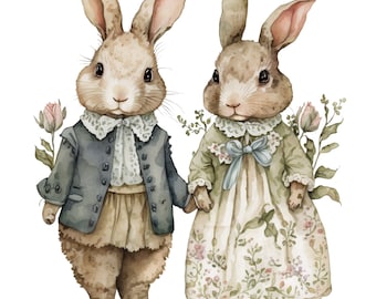 Bunny Rabbit Couple Watercolor Clip art 4 High Quality PNG Transparent Mix Media Digital Download Card Making Digital Paper Craft- 463