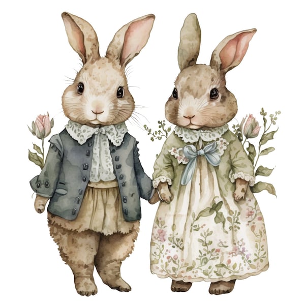 Bunny Rabbit Couple Watercolor Clip art 4 High Quality PNG Transparent Mix Media Digital Download Card Making Digital Paper Craft- 463