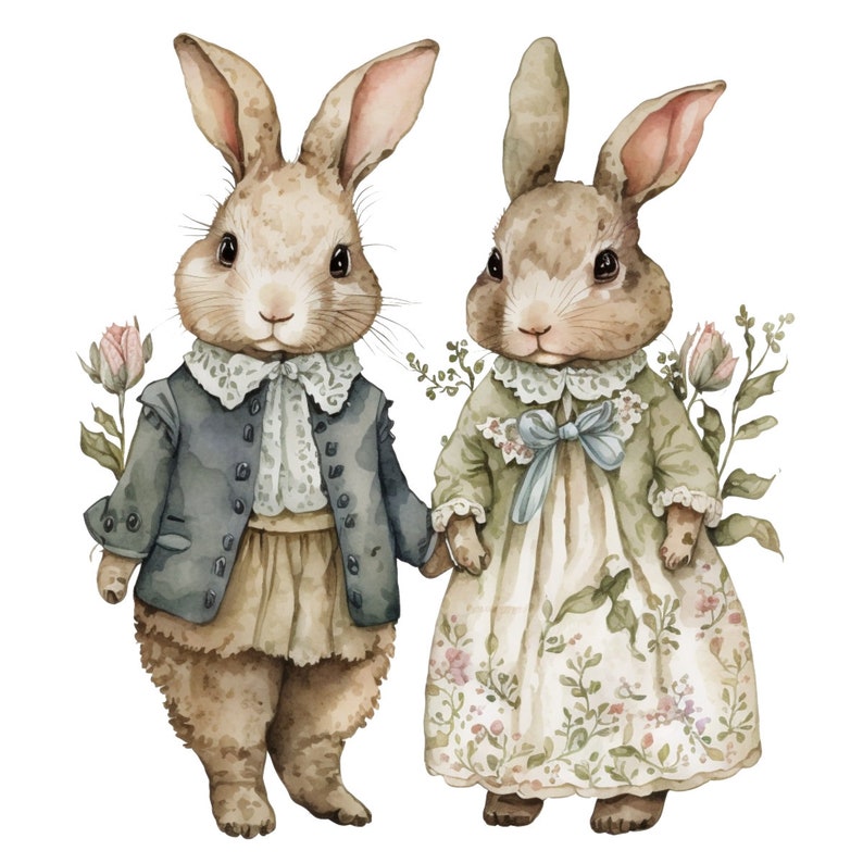 May include: Two watercolor illustrations of rabbits dressed in vintage clothing. The rabbit on the left is wearing a blue jacket with a white collar and a brown skirt. The rabbit on the right is wearing a green dress with a blue bow and floral print.