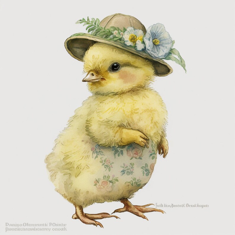 May include: A yellow chick wearing a brown and green hat with blue flowers. The chick is wearing a floral print dress and has its wings folded.
