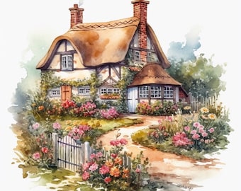 British Cottage Cottages Clipart 8 High Quality JPG Watercolor Art Digital Download Card Making Mixed Media Digital Paper Craft - 178