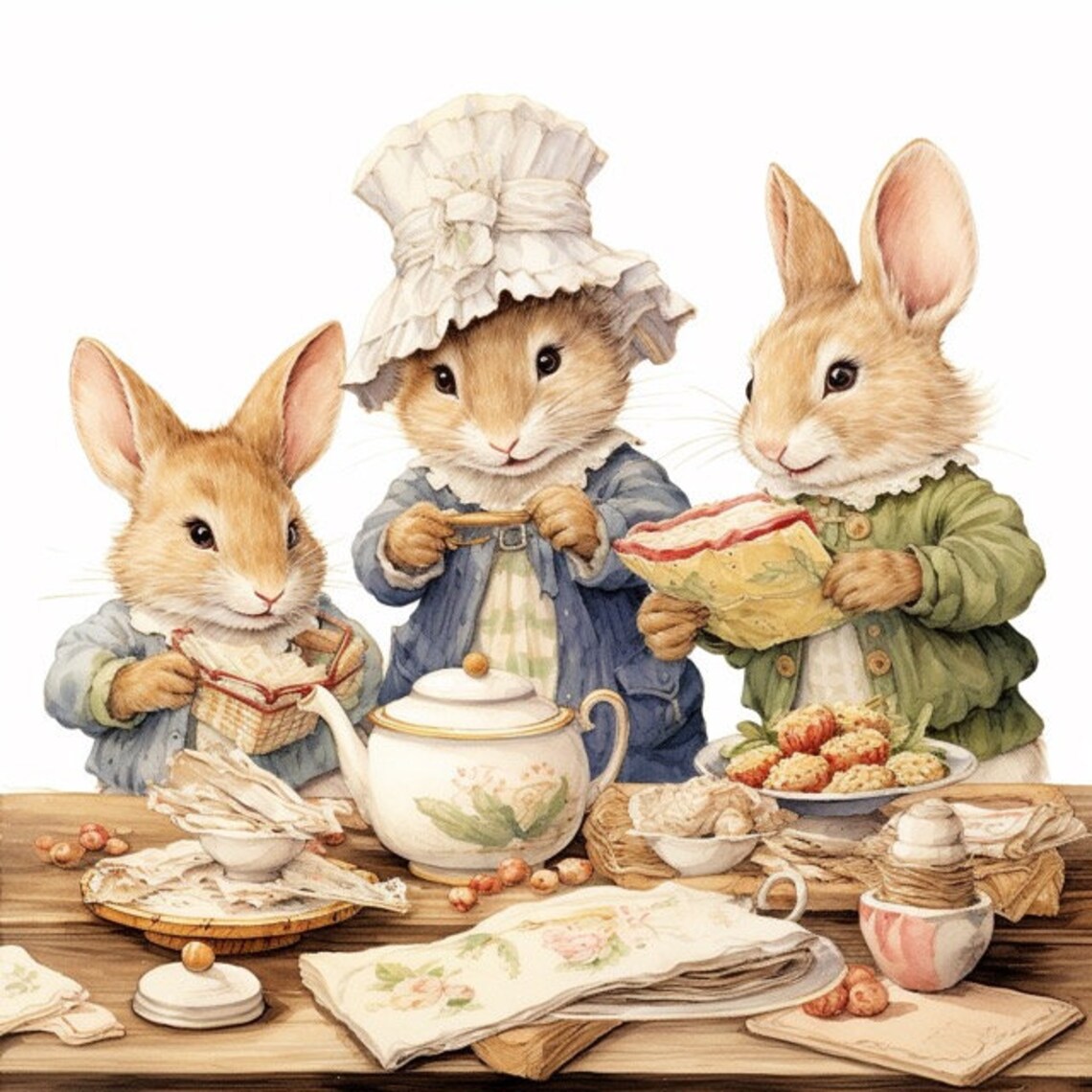 Bunny Rabbit Tea Time Watercolor Clip Art Sublimation Graphics 4 JPG ...