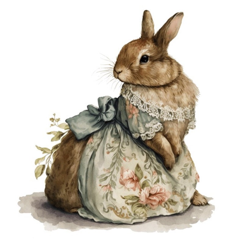 May include: A watercolor painting of a brown rabbit wearing a blue and white floral dress with a lace collar. The rabbit is sitting on a white background.