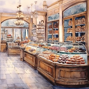 Vintage French Bakery Cafe Aquarela Clipart 4 JPG de alta qualidade para download digital de cartão para fazer mídia mista artesanal de papel digital - 383