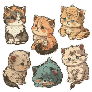 Può includere: Sei illustrazioni di cartoni animati di gattini con diversi colori e motivi di pelliccia. I gattini sono tutti in varie pose, tra cui seduti, sdraiati e guardando in alto.