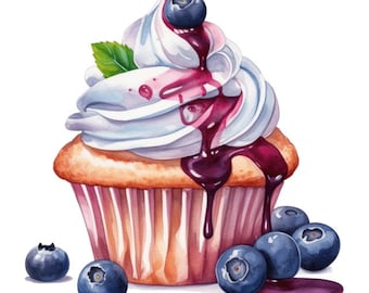 Blueberry Cupcake  Watercolor Clipart 4 High Quality PNG Transparent Background Digital Download Card Making Mixed Media Crafts Clip Art 398