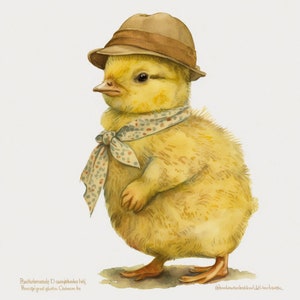 May include: A yellow chick wearing a brown fedora hat and a light blue and brown patterned scarf. The chick is standing on a white background.