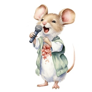 Ratón de canto de ópera lindo con flores acuarela Clip Art 4 formato PNG reserva de chatarra mezcla Collage de medios arte de papel uso comercial - 538