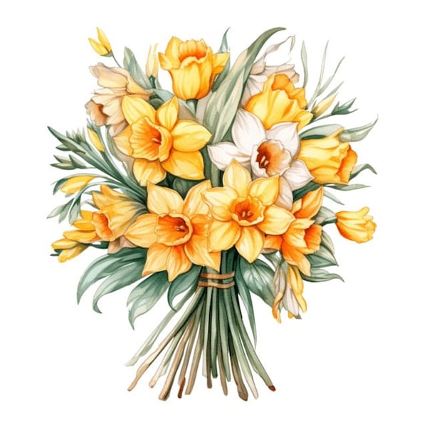 Daffodils Bouquet Floral Flowers Watercolor Clip Art 4 High Quality PNG Format Sublimation Graphics Instant Download Commercial Use - 304