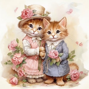 Valentines Day Kittens Clip Art 4 High Quality JPG Card Making Paper Crafts Collage Junk Journal Scrapbooking Invitations Mix Media  - 779