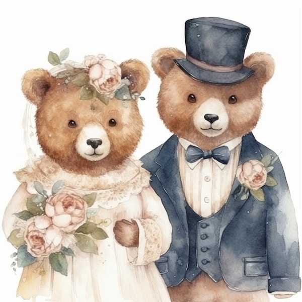 Teddy Bear Wedding Bride and Groom Clipart 8 High Quality JPG Art Digital Download Clip Art, Card Making Mixed Media Digital Paper Craft-106