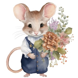 Lindo ratón con flores acuarela Clip Art 4 formato PNG de alta calidad descarga instantánea uso comercial - 536