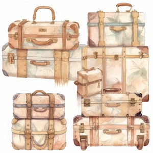 Maletas de viaje antiguas Acuarela Clipart 8 JPG de alta calidad, Descarga digital, Fabricación de tarjetas Técnica mixta, Manualidades - 045