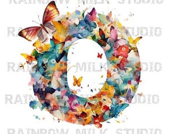 May include: A colorful watercolor illustration of the letter O, surrounded by butterflies and flowers. The letter is in a circular shape and the butterflies are in various colors and sizes.