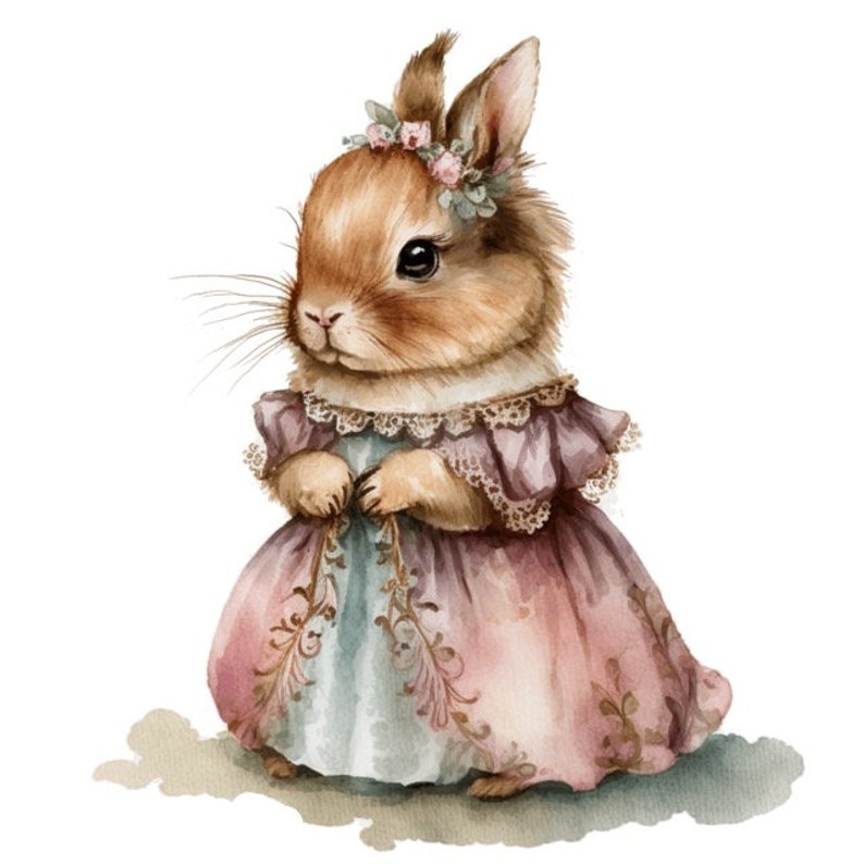 May include: A watercolor illustration of a brown bunny wearing a pink and blue dress with lace trim and a floral crown.