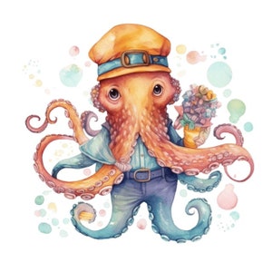 Cute Octopus  Watercolor Clipart 4 High Quality PNG Transparent Digital Download Card Making Crafts Clip Art - 376