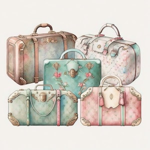 Maletas de diseño de lujo antiguo Clipart de acuarela 8 JPG de alta calidad, Descarga digital, Fabricación de tarjetas Técnica mixta, Artesanía Clip art - 075