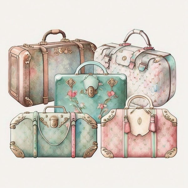 Antique Luxury Designer Suitcases Watercolor Clipart 8 High Quality JPG, Digital Download, Card Making Mixed Media, Crafts Clip art - 075