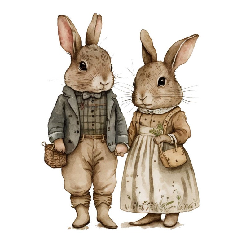 May include: Two brown rabbits dressed in vintage clothing. The rabbit on the left is wearing a gray jacket, a plaid shirt, brown pants, and brown boots. The rabbit on the right is wearing a yellow dress with a white apron, brown shoes, and is holding a small brown bag.